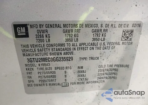 2016 GMC Sierra 1500 Sle z USA, uszkodzony, nr VIN 3GTU2MEC0GG235929